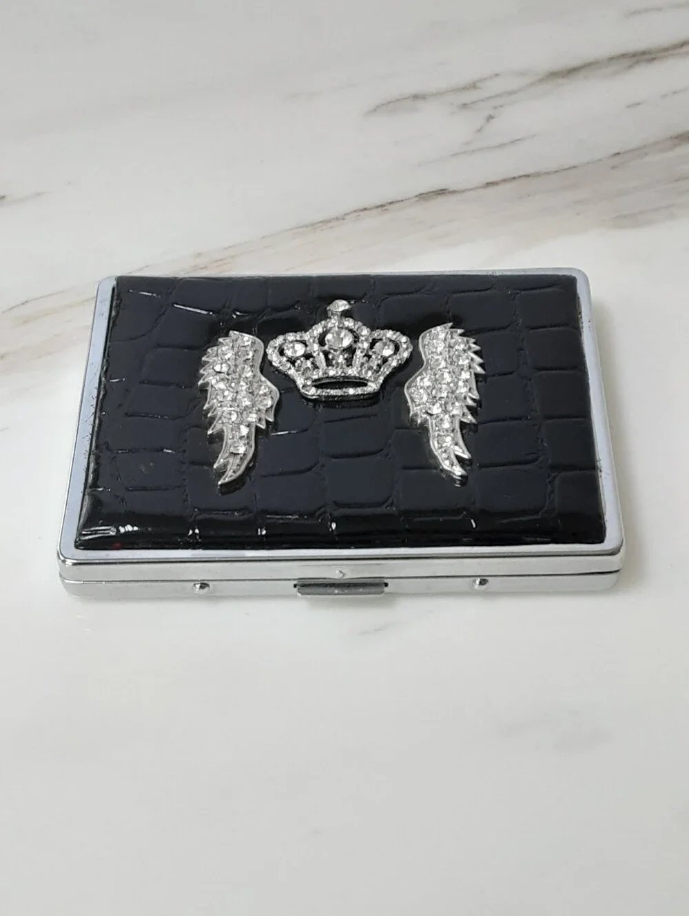 Black Faux Croc Rhinestone Crown Angel Wings Accent Case - Unisex - Vtg
